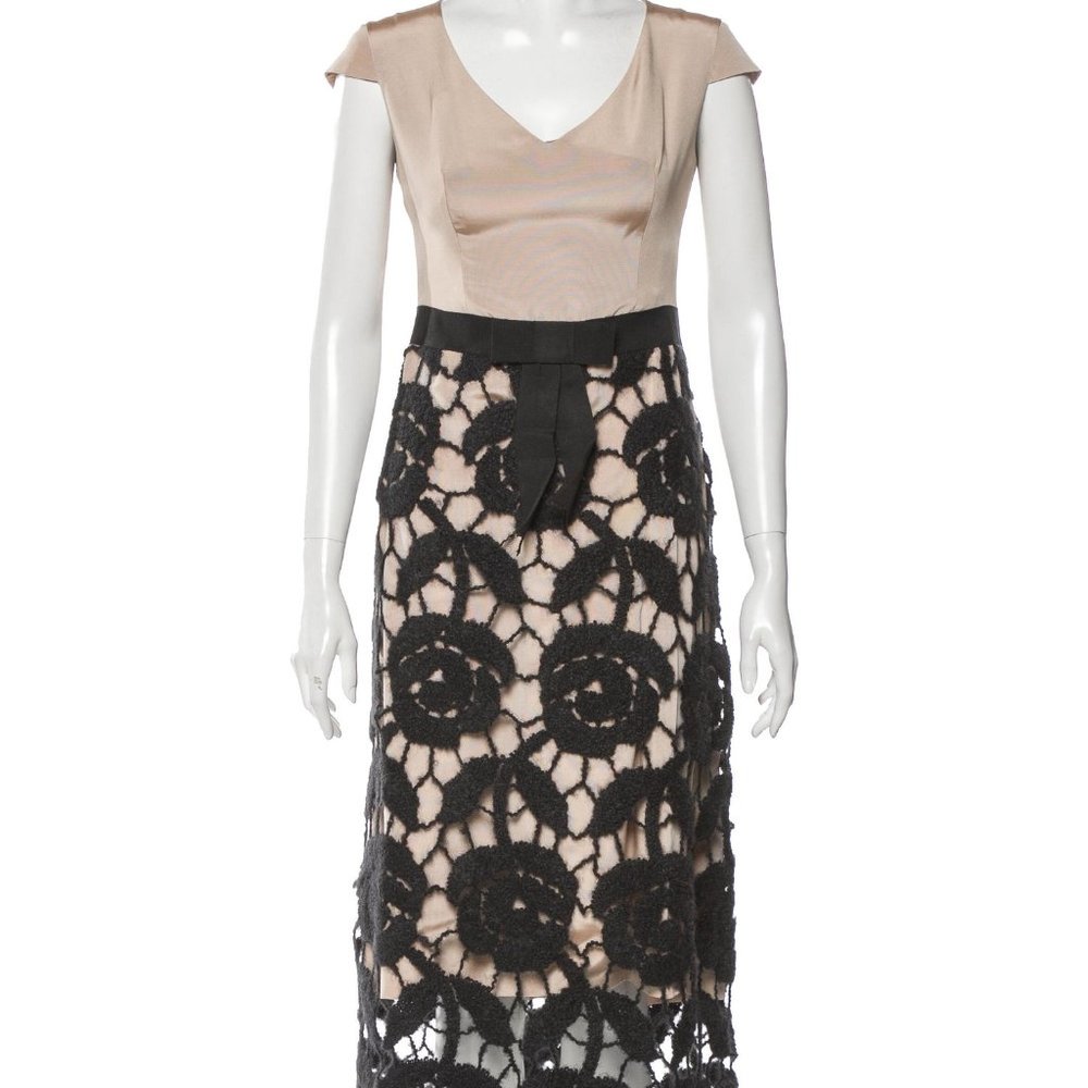 MARTIN GRANT Lace Embroidered Black Pattern Skirt Neutral V-neck Midi Dress Sm
